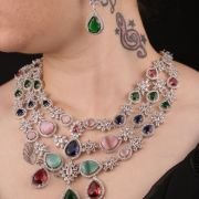 Brass Real AD Necklace Jewelry Navratan Necklace Set