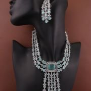 Three-layered Emerald Elegance AD Stones Silver Plated Drop Earrings Jewellery Set