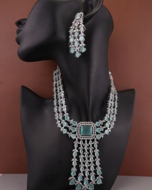 Three-layered Emerald Elegance AD Stones Silver Plated Drop Earrings Jewellery Set