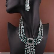 Three-layered Emerald Elegance AD Stones Silver Plated Drop Earrings Jewellery Set