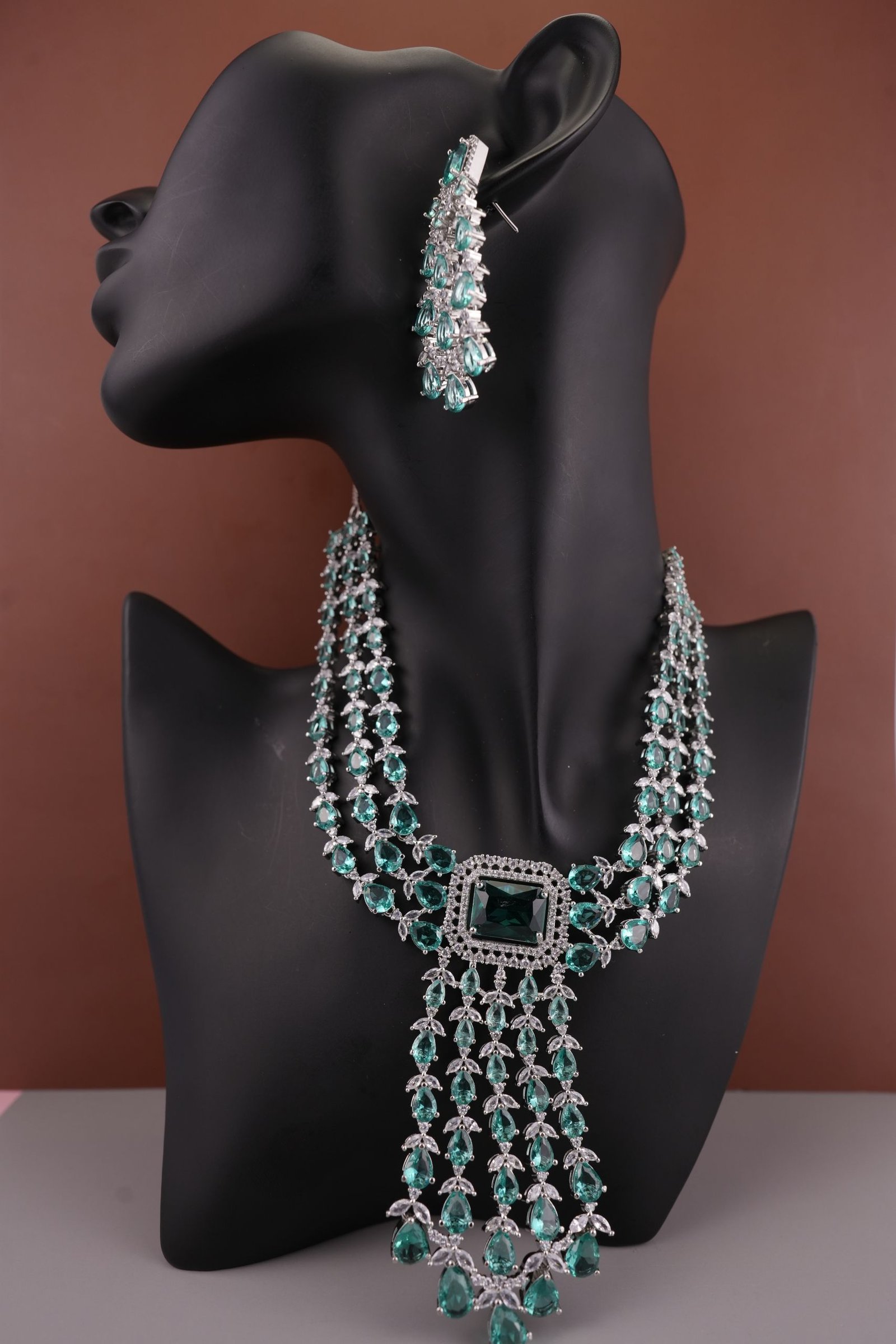 Three-layered Emerald Elegance AD Stones Silver Plated Drop Earrings Jewellery Set