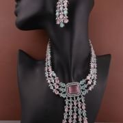 Three-layered Emerald Elegance AD Stones Silver Plated Drop Earrings Jewellery Set