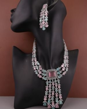 Three-layered Emerald Elegance AD Stones Silver Plated Drop Earrings Jewellery Set