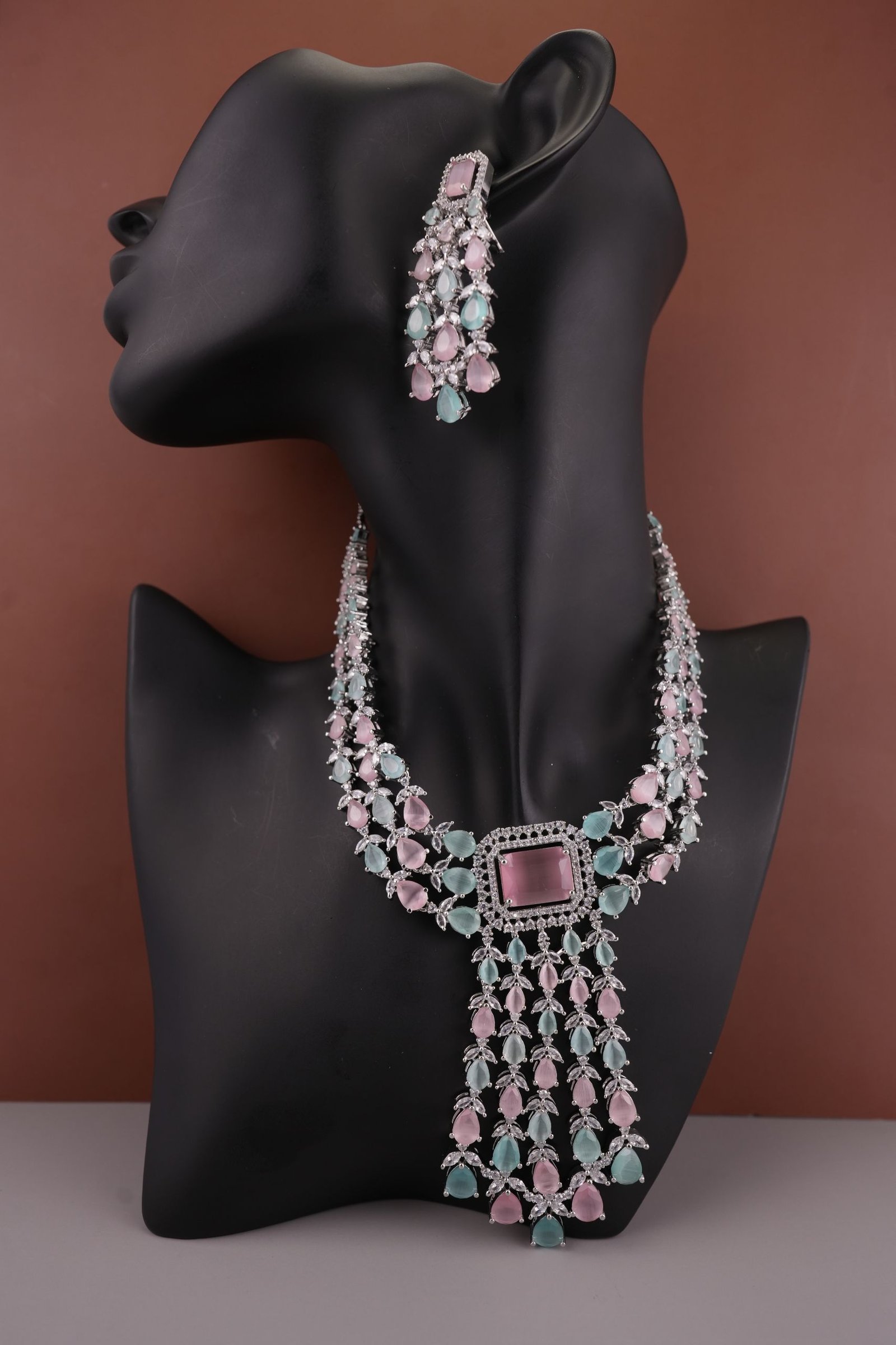 Three-layered Emerald Elegance AD Stones Silver Plated Drop Earrings Jewellery Set