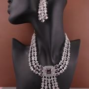 Three-layered Emerald Elegance AD Stones Silver Plated Drop Earrings Jewellery Set