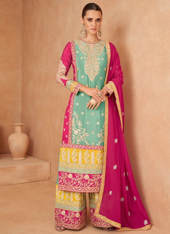 Light Cyan Colour Chinon Silk Stitched Embroidered Palazzo Dress
