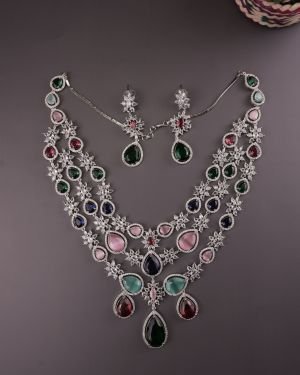 Brass Real AD Necklace Jewelry Navratan Necklace Set
