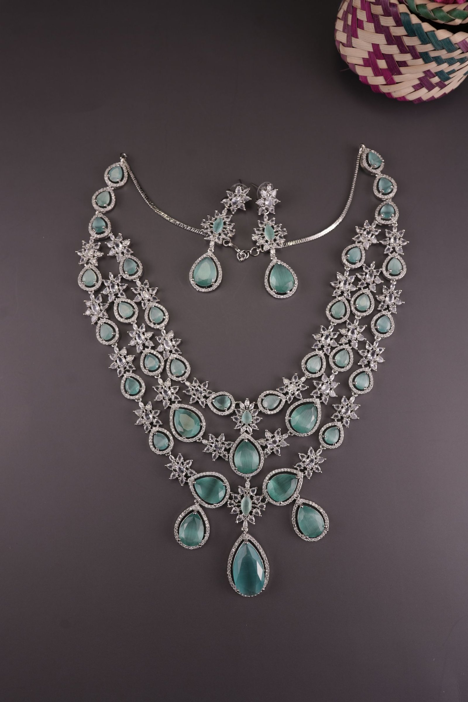 Brass Real AD Necklace Jewelry Navratan Necklace Set