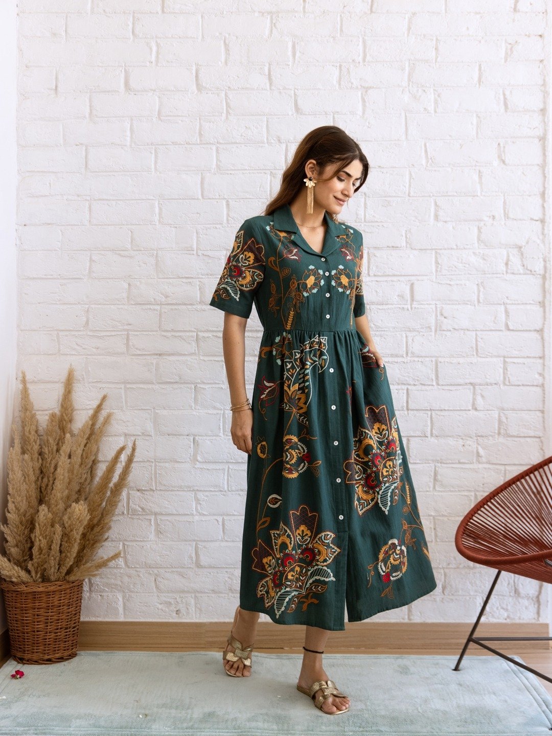 Embroidered Boho Bloom Midi Dress