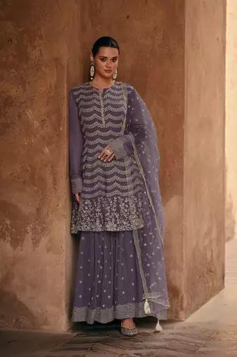 Mauve Georgette Designer Style Embroidered Sharara Suit