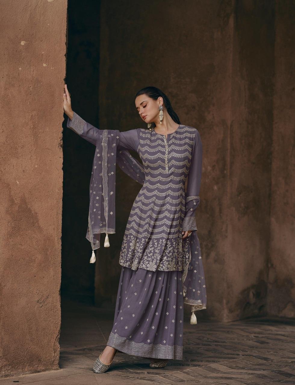 Mauve Georgette Designer Style Embroidered Sharara Suit