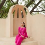 ROMAN SILK CALF-LENGTH COORDINATED SET WITH SUBTLE EMBROIDERY AND FLARED SLEEVES