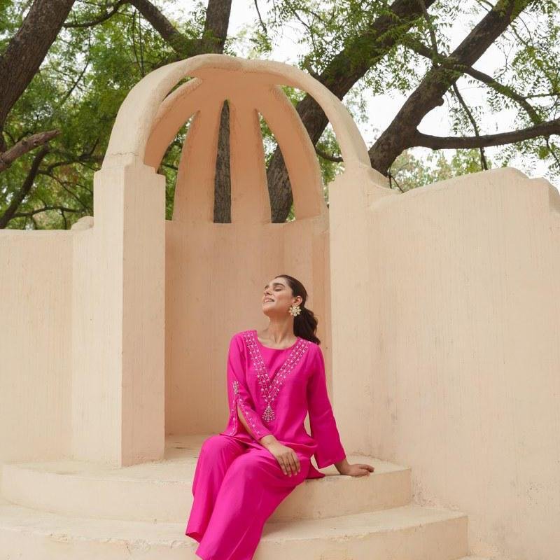 ROMAN SILK CALF-LENGTH COORDINATED SET WITH SUBTLE EMBROIDERY AND FLARED SLEEVES