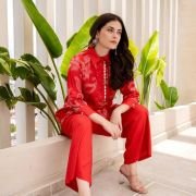 Red Floral Printed Mirror Embellished Satin Kurti Pant Co-Ord Set