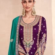 Purple Embroidered Premium Silk Palazzo Suit with Teal Dupatta