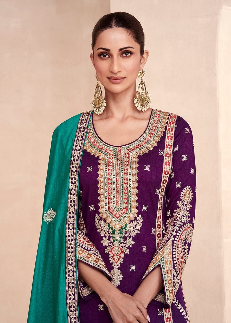 Purple Embroidered Premium Silk Palazzo Suit with Teal Dupatta