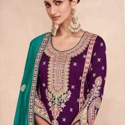Purple Embroidered Premium Silk Palazzo Suit with Teal Dupatta