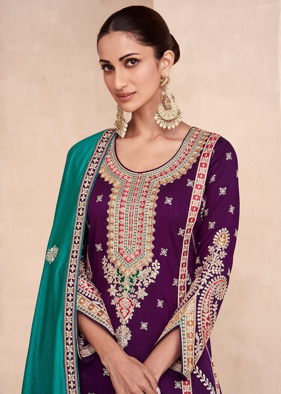 Purple Embroidered Premium Silk Palazzo Suit with Teal Dupatta
