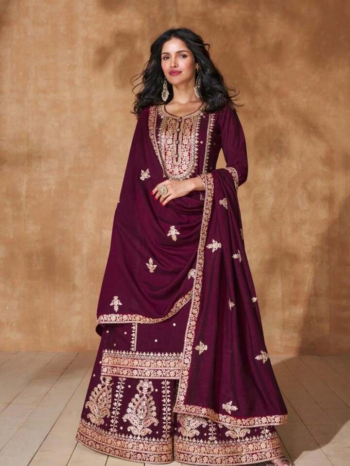 Magenta Embroidered Palazzo Suit Set