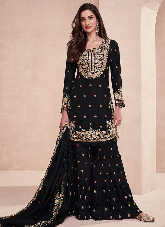 Black Embroidered Sharara Suit Set