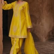 Embroidered Art Silk Punjabi Suit in Yellow