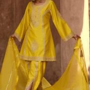 Embroidered Art Silk Punjabi Suit in Yellow