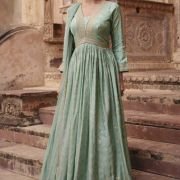 Woven Art Silk Jacquard Abaya Style Suit in Pastel Green