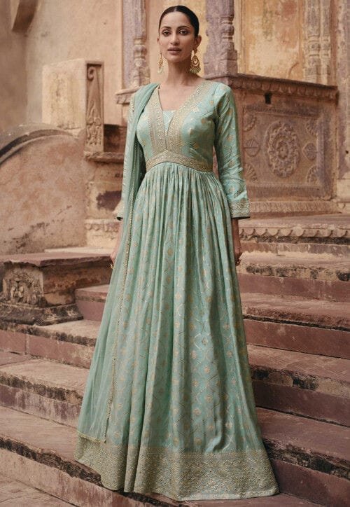 Woven Art Silk Jacquard Abaya Style Suit in Pastel Green
