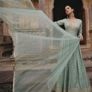 Woven Art Silk Jacquard Abaya Style Suit in Pastel Green