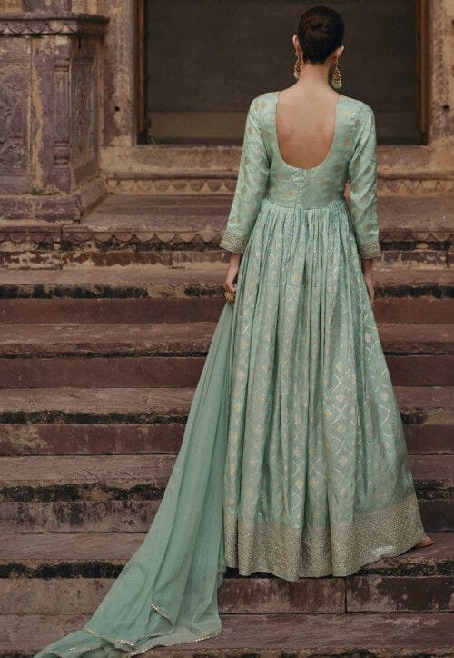 Woven Art Silk Jacquard Abaya Style Suit in Pastel Green