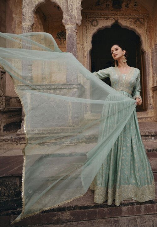 Woven Art Silk Jacquard Abaya Style Suit in Pastel Green