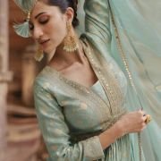 Woven Art Silk Jacquard Abaya Style Suit in Pastel Green