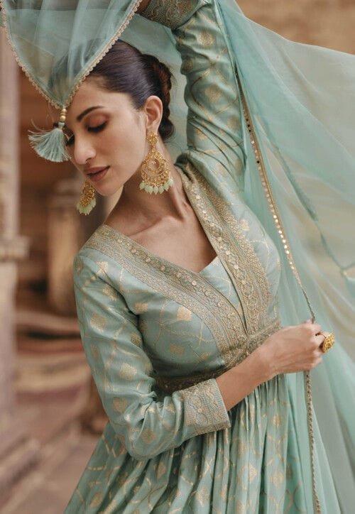 Woven Art Silk Jacquard Abaya Style Suit in Pastel Green