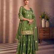 Green Embroidered Chinnon Stitched Straight Suit (Size Upto 42)