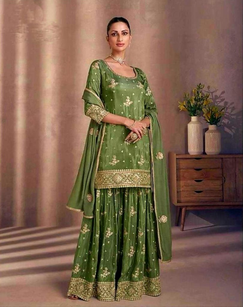 Green Embroidered Chinnon Stitched Straight Suit (Size Upto 42)