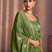 Green Embroidered Chinnon Stitched Straight Suit (Size Upto 42)