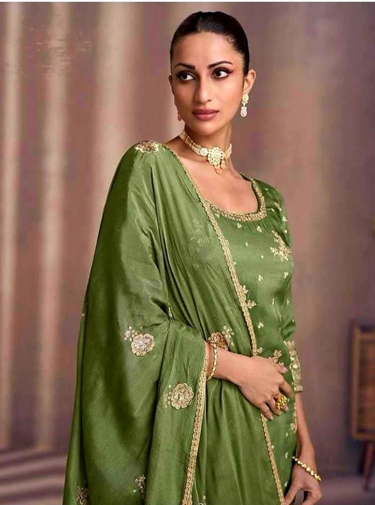 Green Embroidered Chinnon Stitched Straight Suit (Size Upto 42)