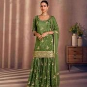 Green Embroidered Chinnon Stitched Straight Suit (Size Upto 42)