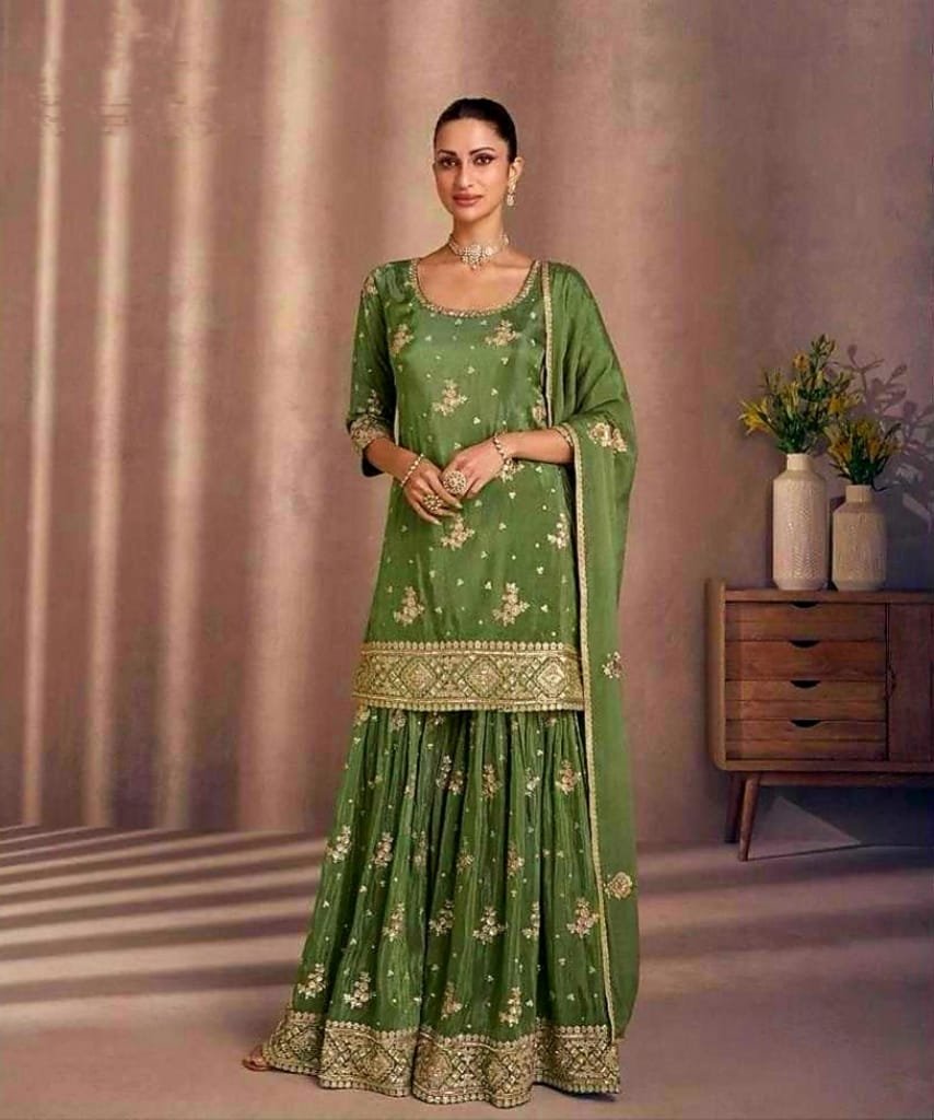 Green Embroidered Chinnon Stitched Straight Suit (Size Upto 42)