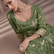 Green Embroidered Chinnon Stitched Straight Suit (Size Upto 42)