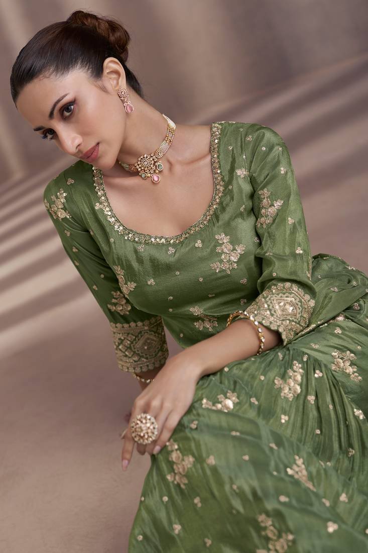 Green Embroidered Chinnon Stitched Straight Suit (Size Upto 42)