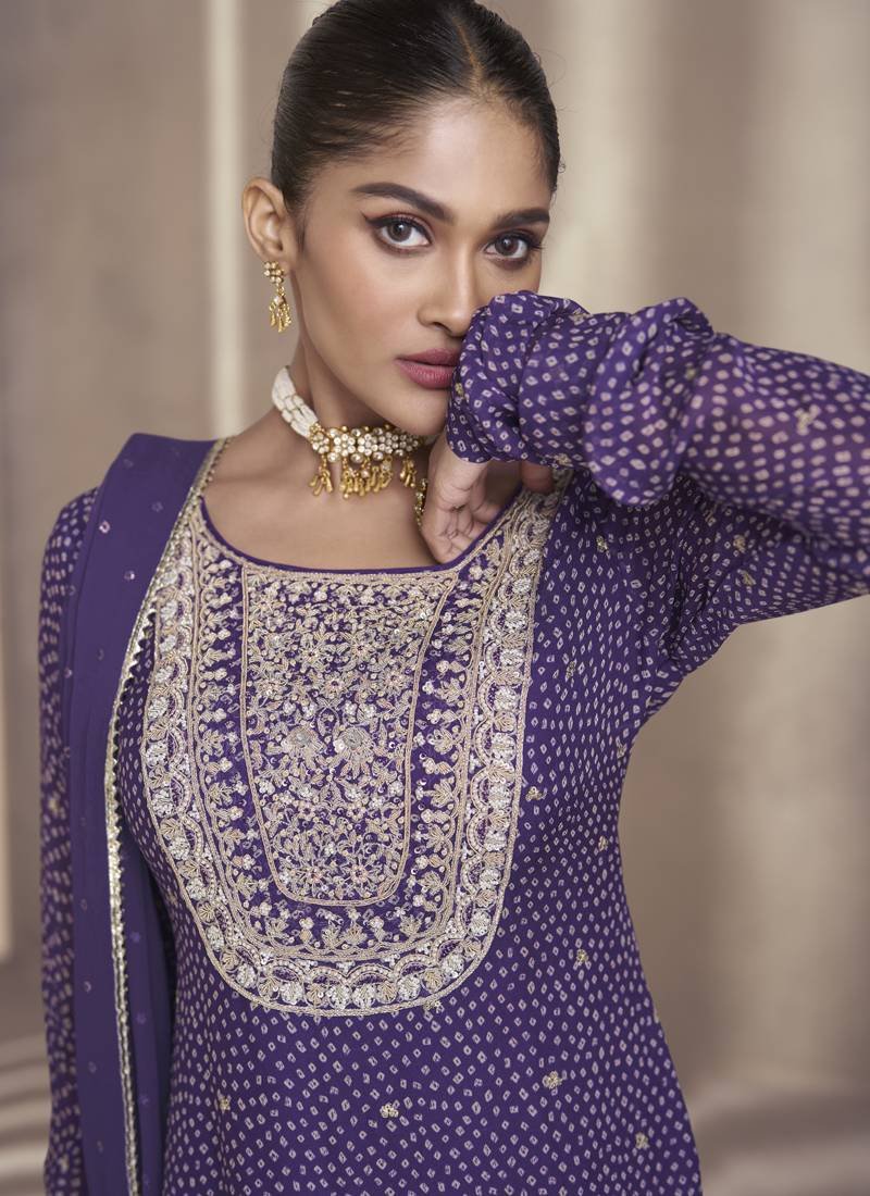 Purple Bandhej Print Sharara suit stitched