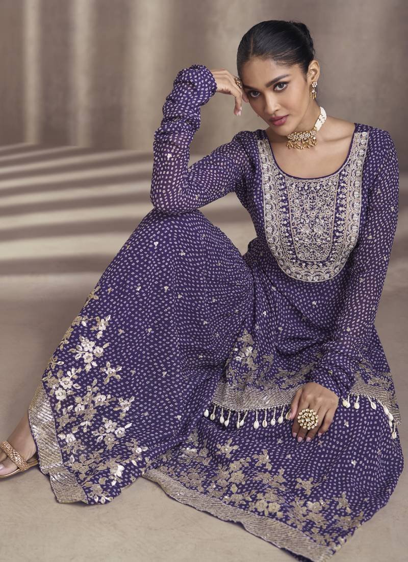 Purple Bandhej Print Sharara suit stitched