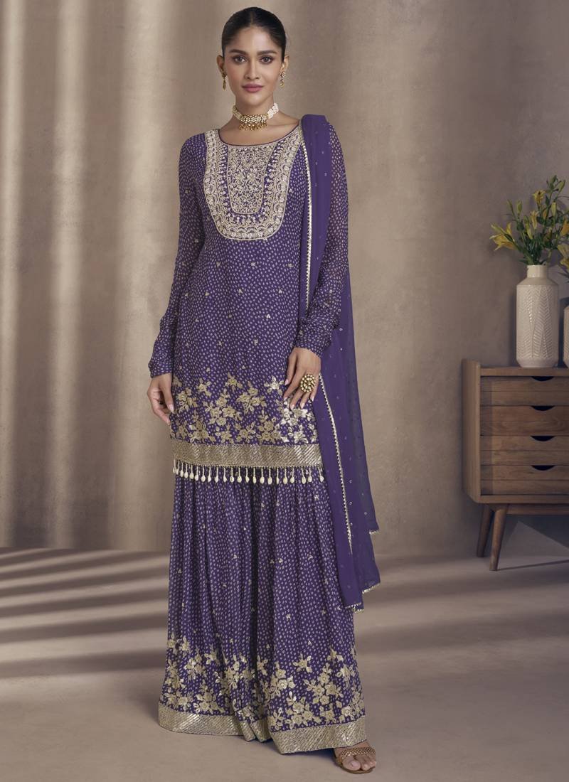 Purple Bandhej Print Sharara suit stitched