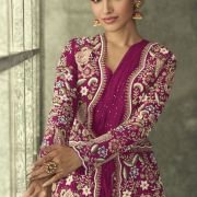 Georgette Magenta Color One Minute Readymade Party Wear Gown With Embroidered Jacket