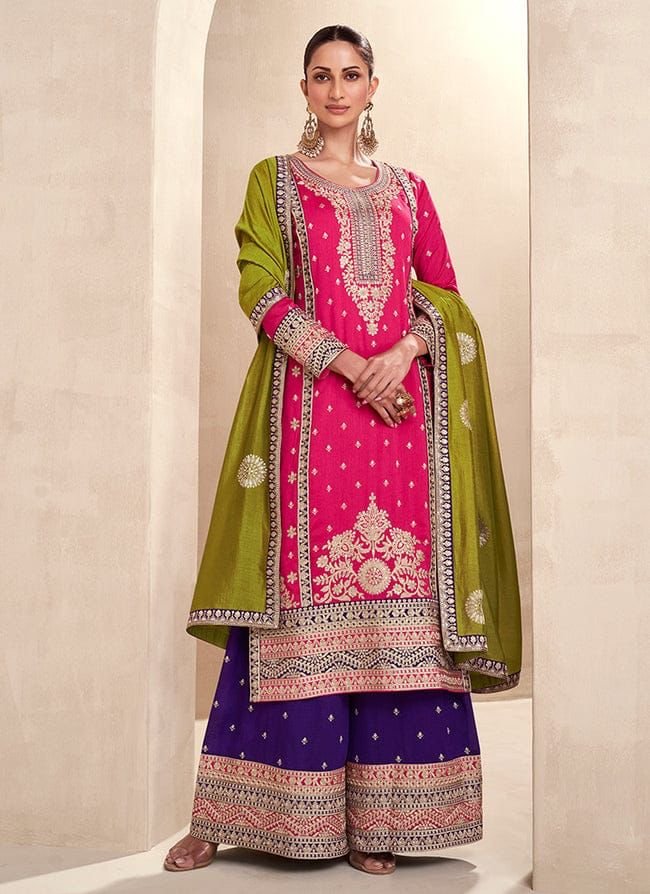 Readymade Pink Embroidered Silk Palazzo Suit