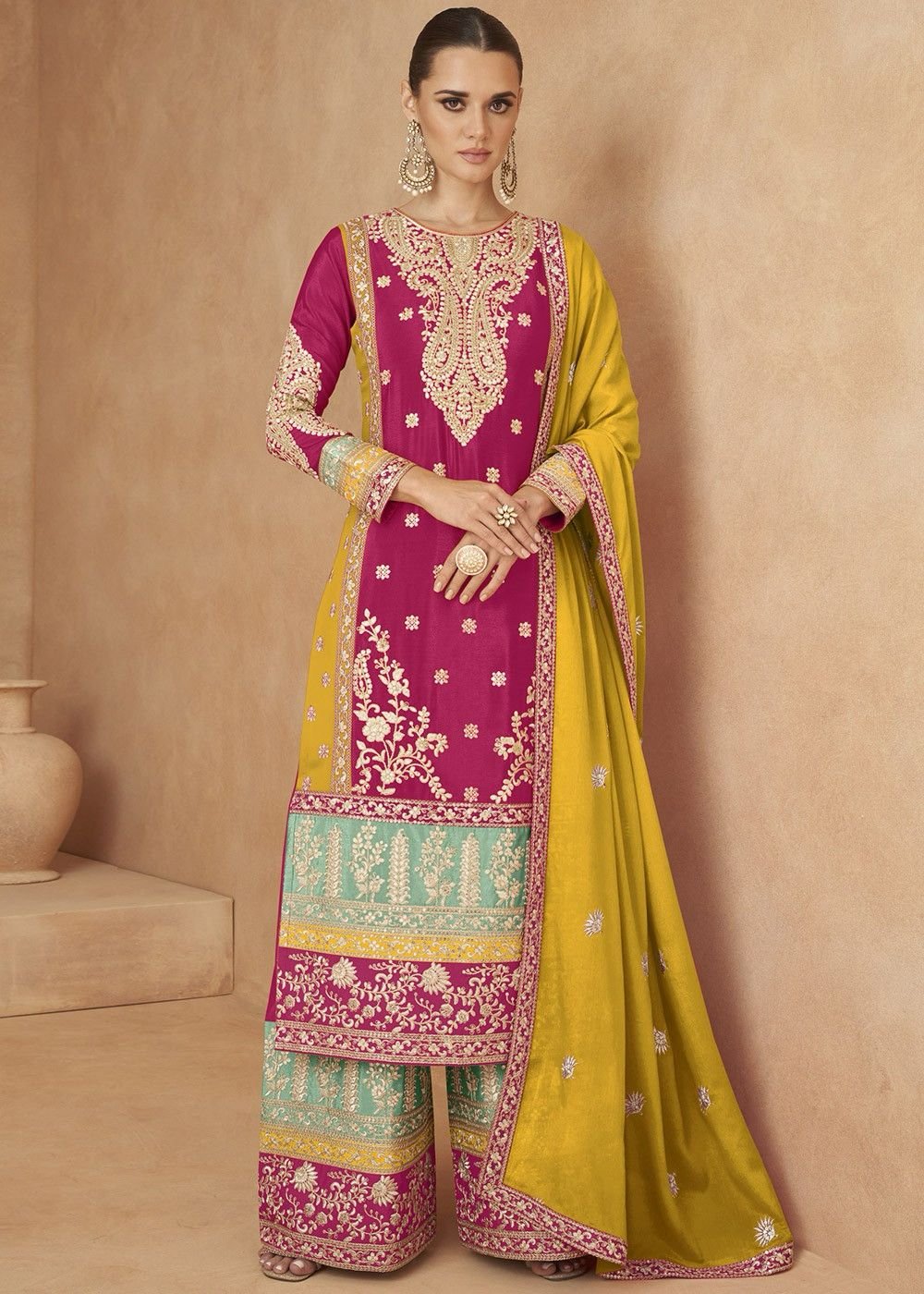 Multicolor Embroidered Palazzo Salwar Suit Set