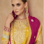 Yellow Embroidered Chinon Semi Stitched Salwar Suit