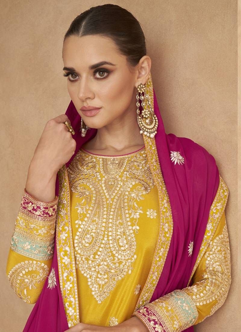 Yellow Embroidered Chinon Semi Stitched Salwar Suit