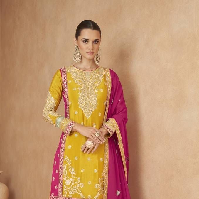 Yellow Embroidered Chinon Semi Stitched Salwar Suit